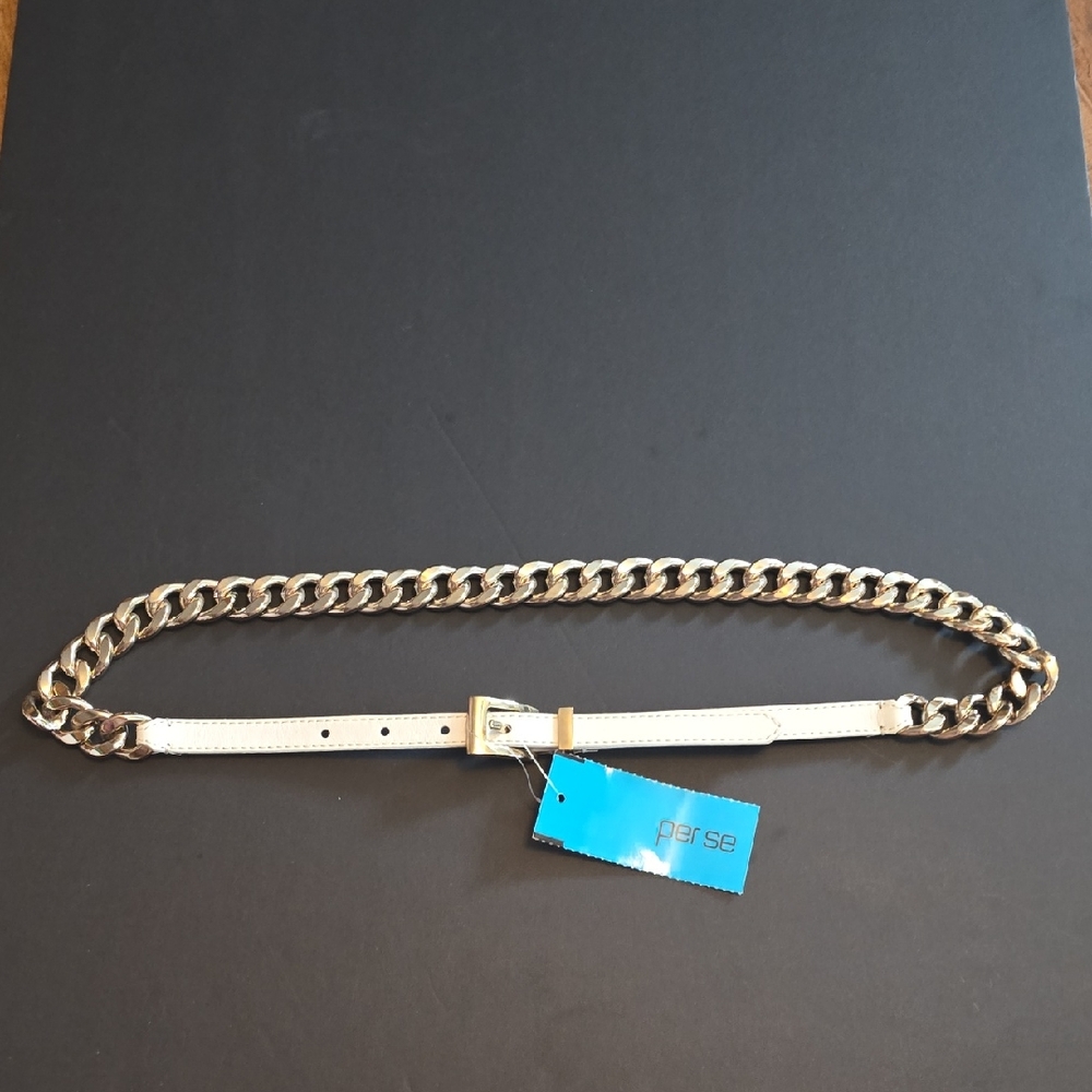 Per Se White and Gold Tone Chain Belt, Sz S NWT